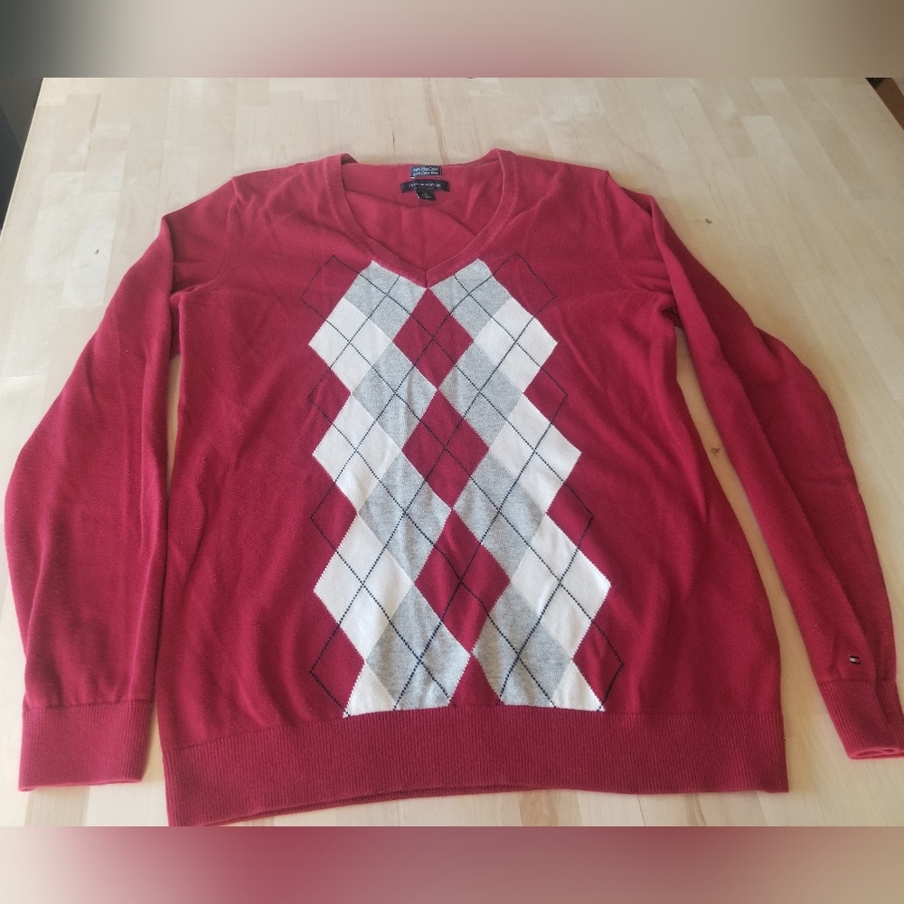 Tommy Hilfiger V Neck Argyle Sweater Size L